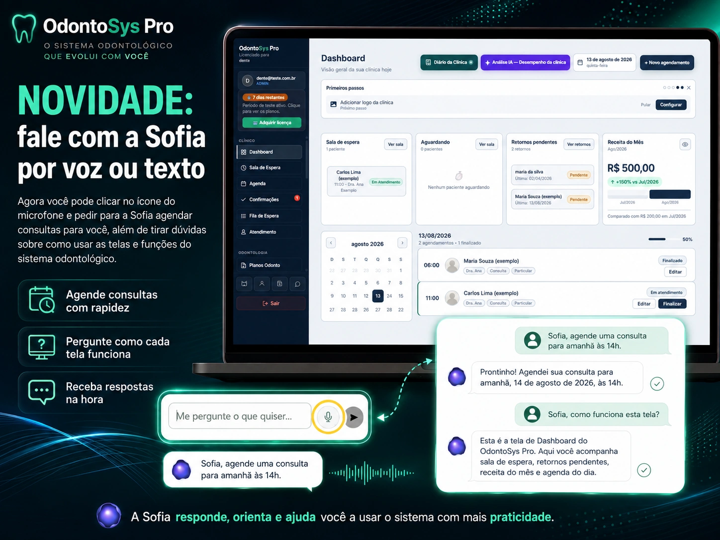 Novidade no OdontoSys Pro: fale com a Sofia por voz ou texto para agendar consultas e aprender a usar o sistema odontológico